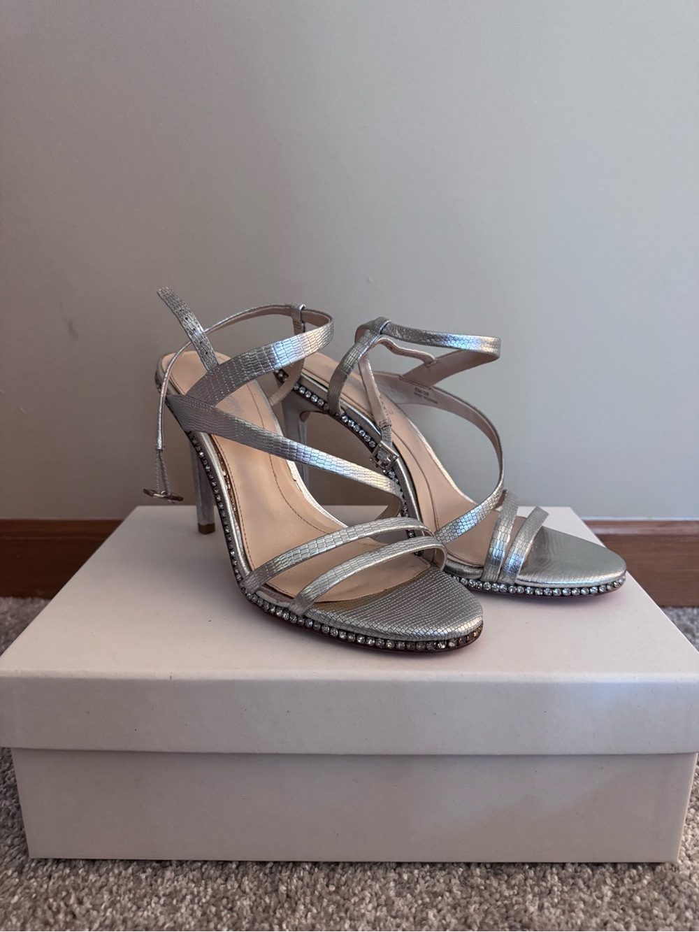 Vince Camuto Silver Rhinestone-Trim Strappy High Heel Sandals